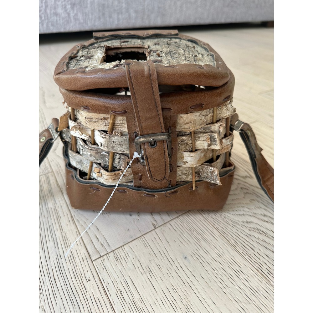 Vintage Rustic Woven Birch Bark Fishing Creel Basket with Leather Trim Strap